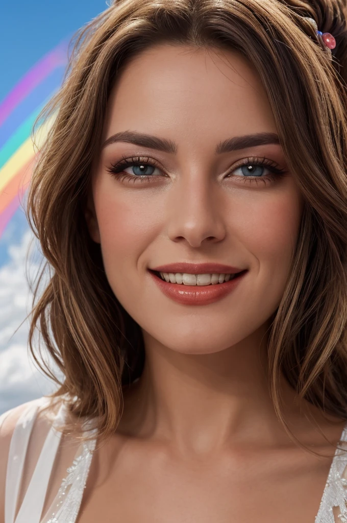 Nathalie Portmann,  25 ans, seductive look, sourire romantique, fine, raimbow hairs, yeux verts, masterclass, 8K, UHD, HD, High quality, in the sky, giant raimbow, princess dress