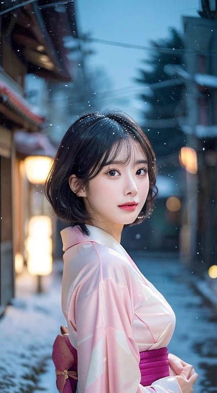 (Pink translucent Kimono)、(top-quality,masterpiece:1.3,超A high resolution,),(ultra-detailliert,Caustics),(Photorealsitic:1.4,RAW shooting,)Ultra-realistic capture,A highly detailed,high-definition16Kfor human skin、 Skin texture is natural、very large round breasts、The skin looks healthy with an even tone、 Use natural light and color,One Woman, Japanese,kawaii,A dark-haired,Short bob hair, head to knee, (depth of fields、chromatic abberation、、Wide range of lighting、Natural Shading、)、(Exterior light at night:1.4)、(Falling snow:1.2)、(Hair swaying in the wind:1.1)、(Light reflecting snow:1.2)、