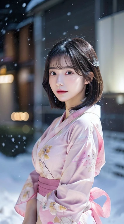 (Pink translucent Kimono)、(top-quality,masterpiece:1.3,超A high resolution,),(ultra-detailliert,Caustics),(Photorealsitic:1.4,RAW shooting,)Ultra-realistic capture,A highly detailed,high-definition16Kfor human skin、 Skin texture is natural、very large round breasts、The skin looks healthy with an even tone、 Use natural light and color,One Woman, Japanese,kawaii,A dark-haired,Short bob hair, head to knee, (depth of fields、chromatic abberation、、Wide range of lighting、Natural Shading、)、(Exterior light at night:1.4)、(Falling snow:1.2)、(Hair swaying in the wind:1.1)、(Light reflecting snow:1.2)、