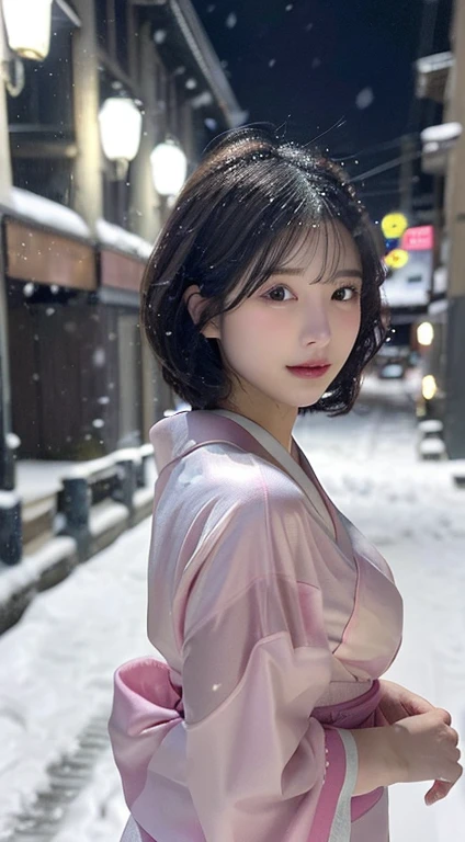 (Pink translucent Kimono)、(top-quality,​masterpiece:1.3,超A high resolution,),(ultra-detailliert,Caustics),(Photorealsitic:1.4,RAW shooting,)Ultra-realistic capture,A highly detailed,high-definition16Kfor human skin、 Skin texture is natural、very large round breasts、The skin looks healthy with an even tone、 Use natural light and color,One Woman, Japanese,kawaii,A dark-haired,Short bob hair, head to knee, (depth of fields、chromatic abberation、、Wide range of lighting、Natural Shading、)、(Exterior light at night:1.4)、(Falling snow:1.2)、(Hair swaying in the wind:1.1)、(Light reflecting snow:1.2)、