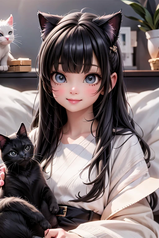 1girl and 1cat, watching a movie