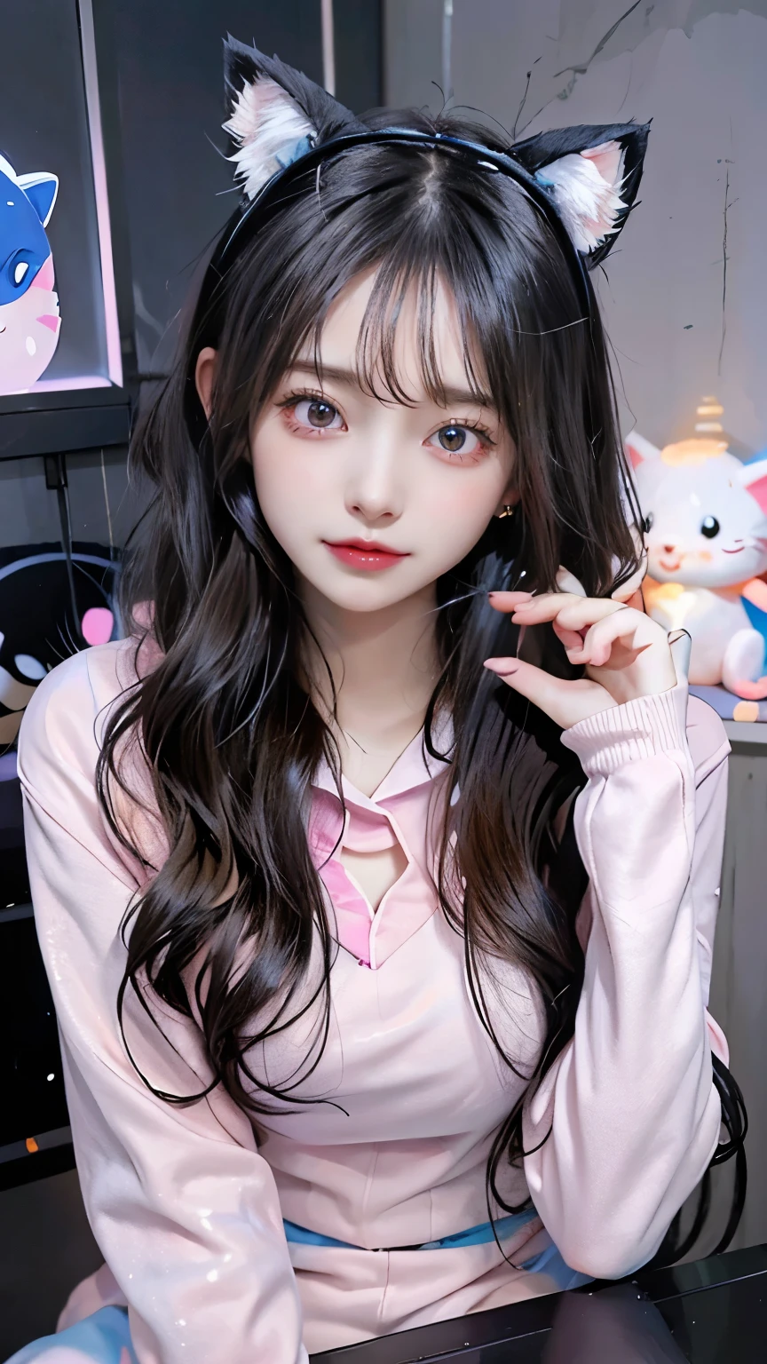 /imagine a beautiful anime girl live streaming from her room, with long black hair, big blue eyes, wearing a pink hoodie and a cute headset with cat ears, sitting in front of a modern computer setup with colorful LED lights, surrounded by plushies and posters on the wall, smiling and engaging with her audience, bright and cheerful atmosphere