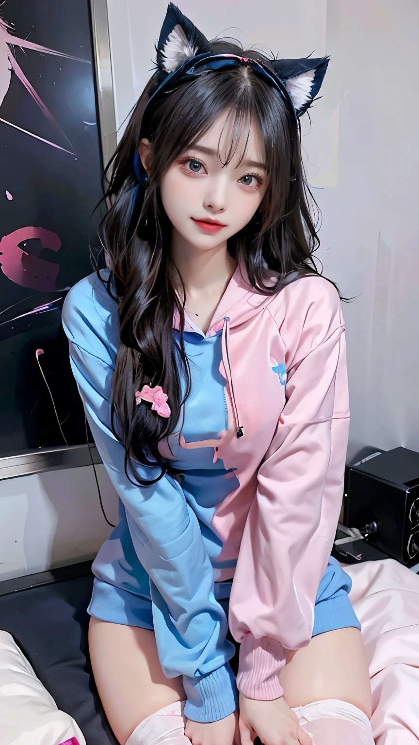 /imagine a beautiful anime girl live streaming from her room, with long black hair, big blue eyes, wearing a pink hoodie and a cute headset with cat ears, sitting in front of a modern computer setup with colorful LED lights, surrounded by plushies and posters on the wall, smiling and engaging with her audience, bright and cheerful atmosphere
