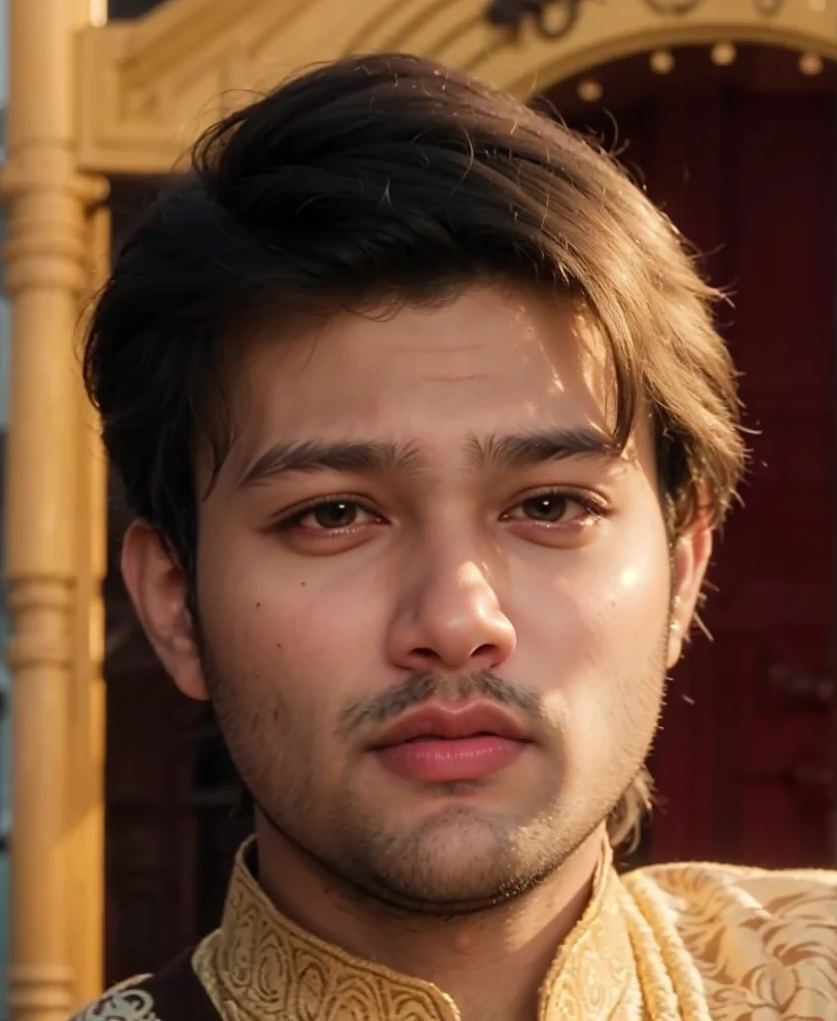 A beautiful young bearded man with highly detailed skin looking at the camera,8k,high res, soft light,no contrast,ultra realistic, photorealism.((real life photo,realistic:1.9, short beard:1)),(wearing black sherwani),((closeup shot:1.5))