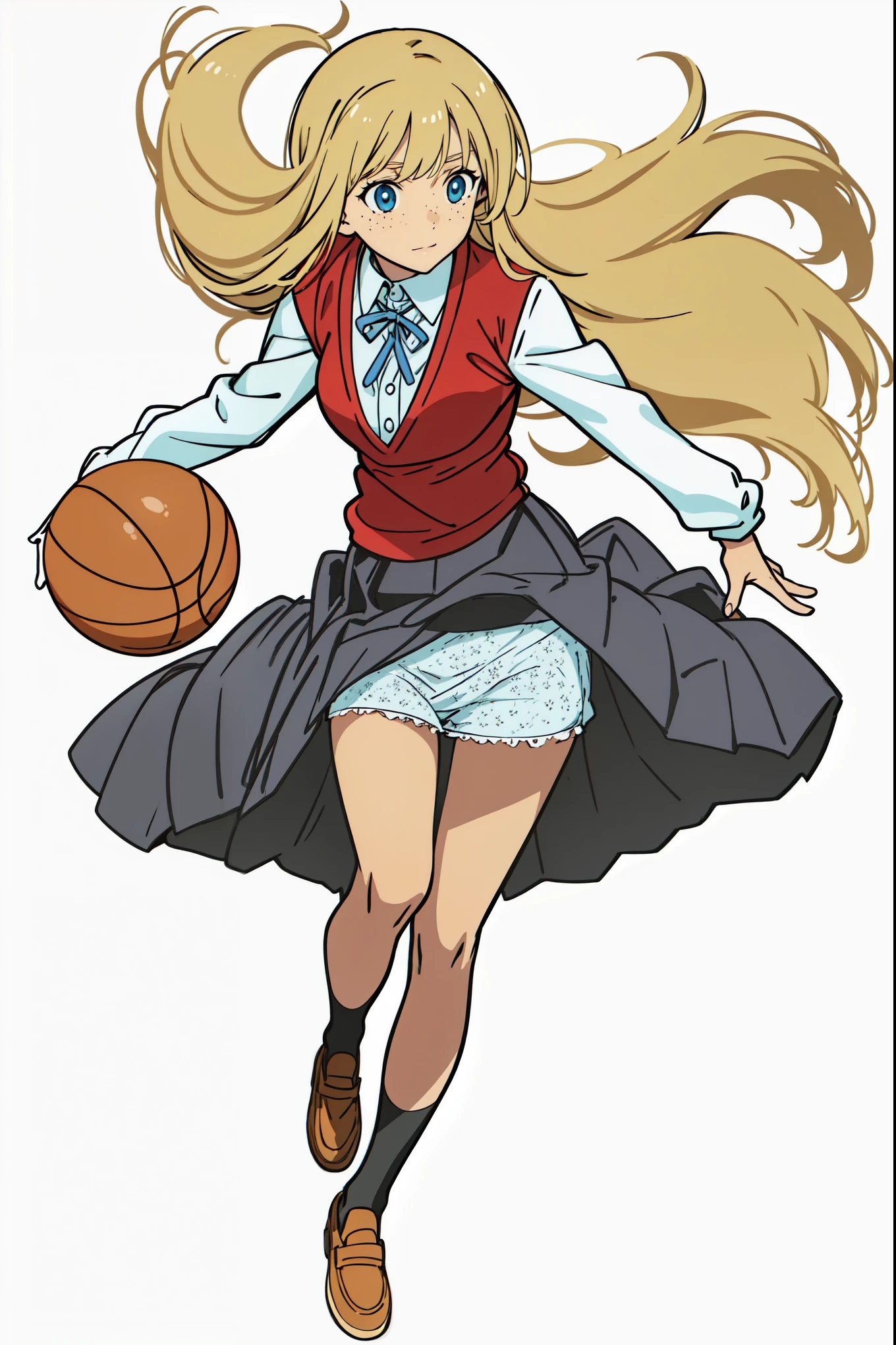 (best quality:1.0), (masterpiece:1.0), (super fine illustration:1.0), (beautiful artwork:1.0), (anime screencap:1.0), (official art:1.0), (playing basketball:1.0), (detailed white cotton frilled panties:1.0), (best quality:1.0), (masterpiece:1.0), (super fine illustration:1.0), (beautiful artwork:1.0), (anime screencap:1.0), (official art:1.0), (european:1.0), (cheerful:1.0), (white background:1.0), (best quality:1.0), (masterpiece:1.0), (super fine illustration:1.0), (beautiful artwork:1.0), (anime screencap:1.0), (official art:1.0), (solo:1.0), (european:1.0), (a 18yo cute girl:1.0), (long skirt:1.0), (black skirt:1.0), (pleated skirt:1.0), (red knit vest:1.0), (white long sleeve collared shirt:1.0), (blue neck ribbon:1.0), (loafers:1.0), (black socks:1.0), (ideal ratio body proportions:1.0), (lanky:1.0), (tall:1.0), (slender:1.0), (small breasts:1.0), (smaller face:1.0), (tareme:1.0), (freckles:1.0), (detailed beautiful eyes:1.0), (detailed beautiful face:1.0), (glowing blue eyes:1.0), (long hair:1.0), (swept bangs:1.0), (blonde hair:1.0), (standing:1.0), (looking at viewer:1.0)