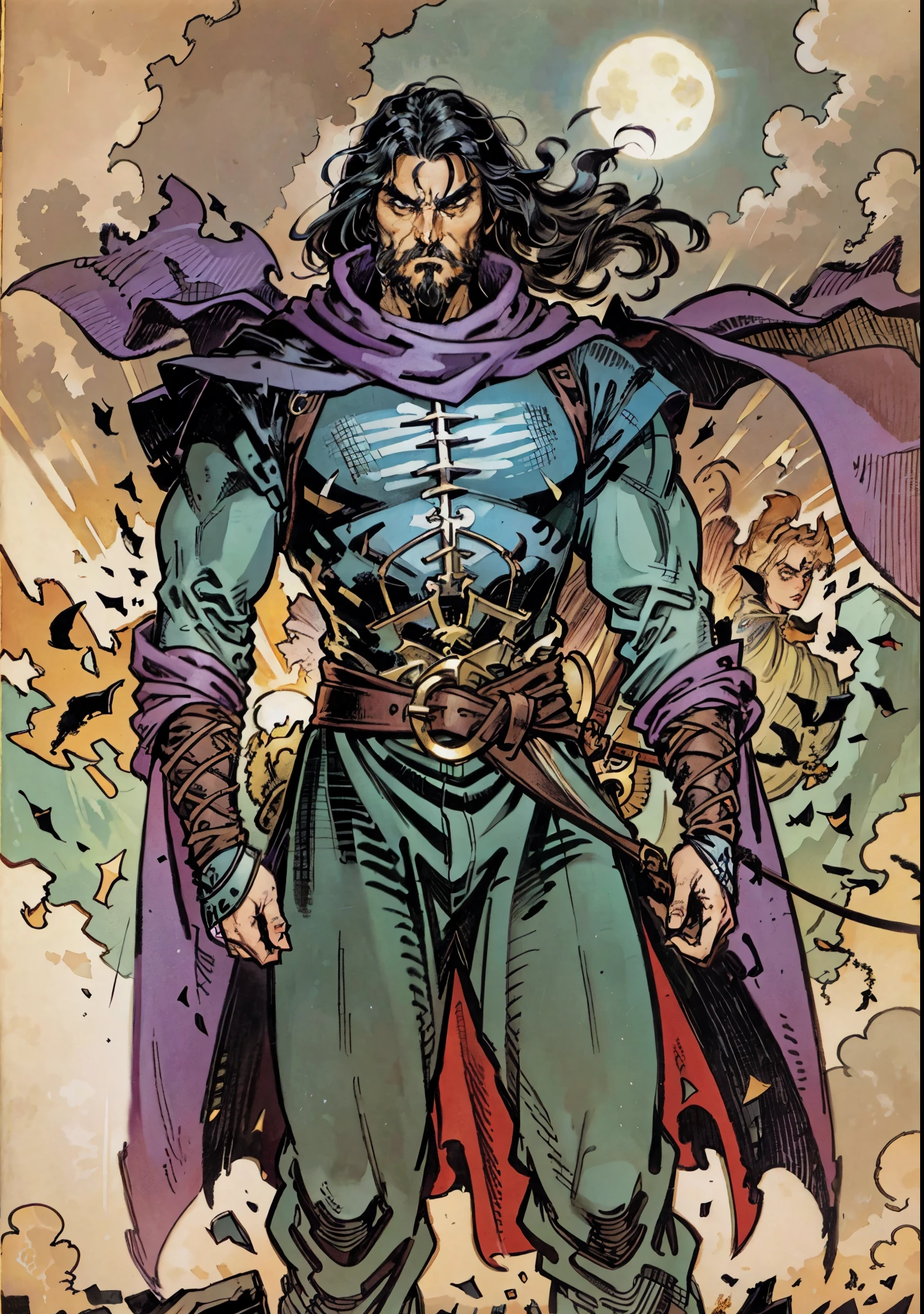 A middle-aged man with long black hair, thick eyebrows, hollow eyes, a long face, a square beard, a serious expression, a black full-body outfit with a fantasy martial arts style, ultra-long wide sleeves, crossed belts around his waist, a large dark purple cloak flutters in the wind behind him, stands on a desolate hill under the moonlight, this character embodies a finely crafted fantasy martial arts practitioner in anime style, exquisite and mature manga art style, dramatic, high definition, best quality, highres, ultra-detailed, ultra-fine painting, extremely delicate, professional, perfect body proportions, golden ratio, anatomically correct, symmetrical face, extremely detailed eyes and face, high quality eyes, creativity, RAW photo, UHD, 32k, Natural light, cinematic lighting, masterpiece-anatomy-perfect, masterpiece:1.5