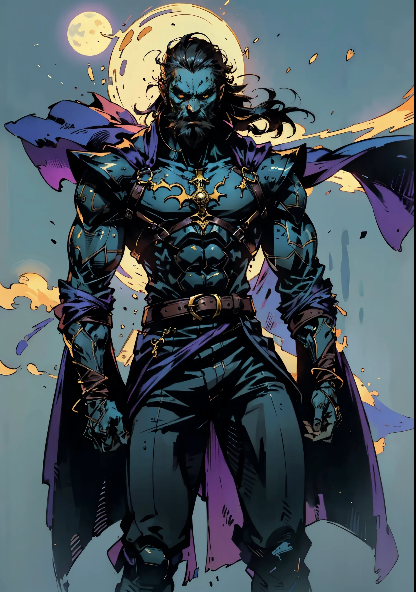 A middle-aged man with long black hair, thick eyebrows, hollow eyes, a long face, a square beard, a serious expression, a black full-body outfit with a fantasy martial arts style, ultra-long wide sleeves, crossed belts around his waist, a large dark purple cloak flutters in the wind behind him, stands on a desolate hill under the moonlight, this character embodies a finely crafted fantasy martial arts practitioner in anime style, exquisite and mature manga art style, dramatic, high definition, best quality, highres, ultra-detailed, ultra-fine painting, extremely delicate, professional, perfect body proportions, golden ratio, anatomically correct, symmetrical face, extremely detailed eyes and face, high quality eyes, creativity, RAW photo, UHD, 32k, Natural light, cinematic lighting, masterpiece-anatomy-perfect, masterpiece:1.5