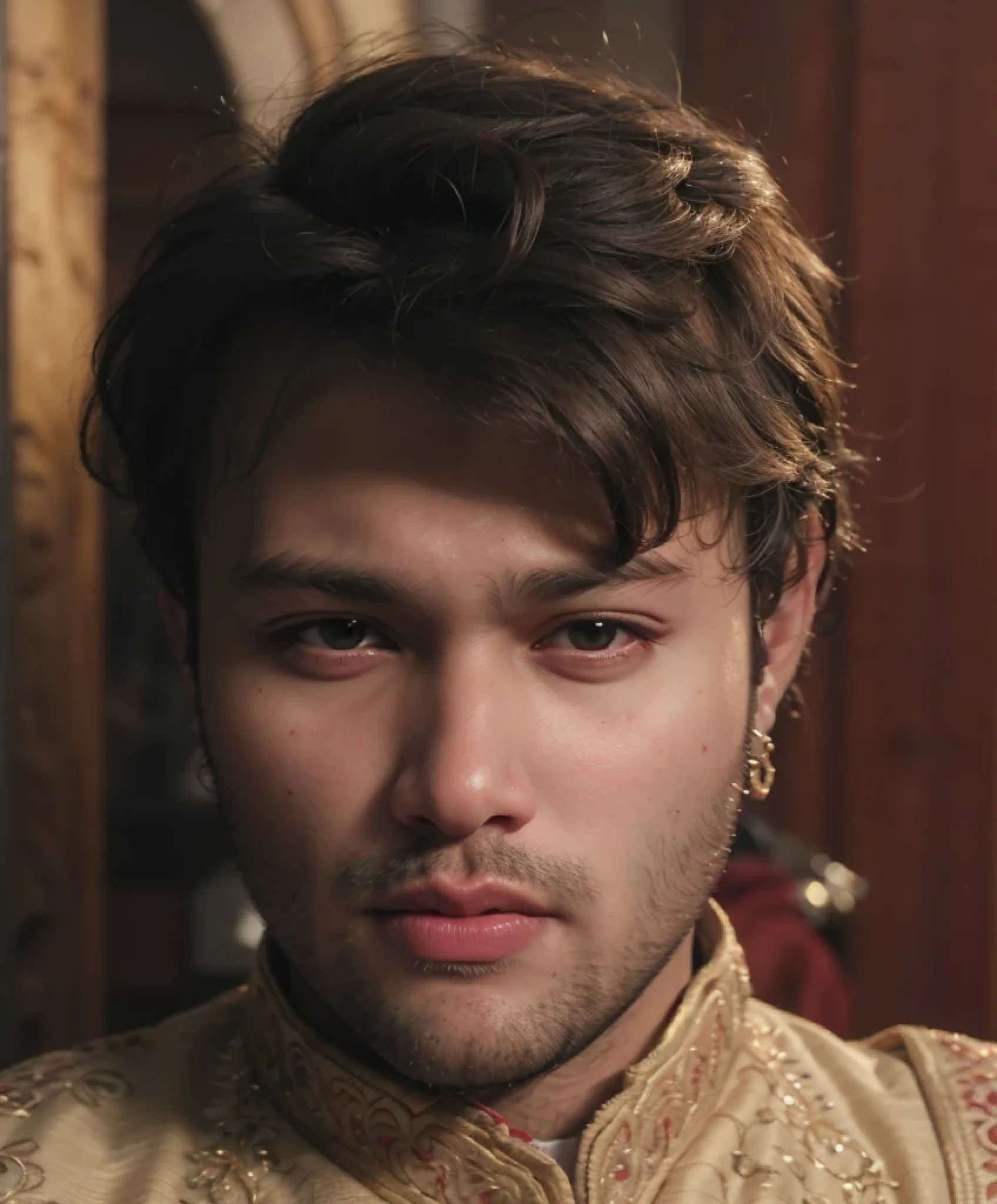 A beautiful young bearded man with highly detailed skin looking at the camera,8k,high res, soft light,no contrast,ultra realistic, photorealism.((real life photo,realistic:1.9, short beard:1)),(wearing black sherwani),((closeup shot:1.5))