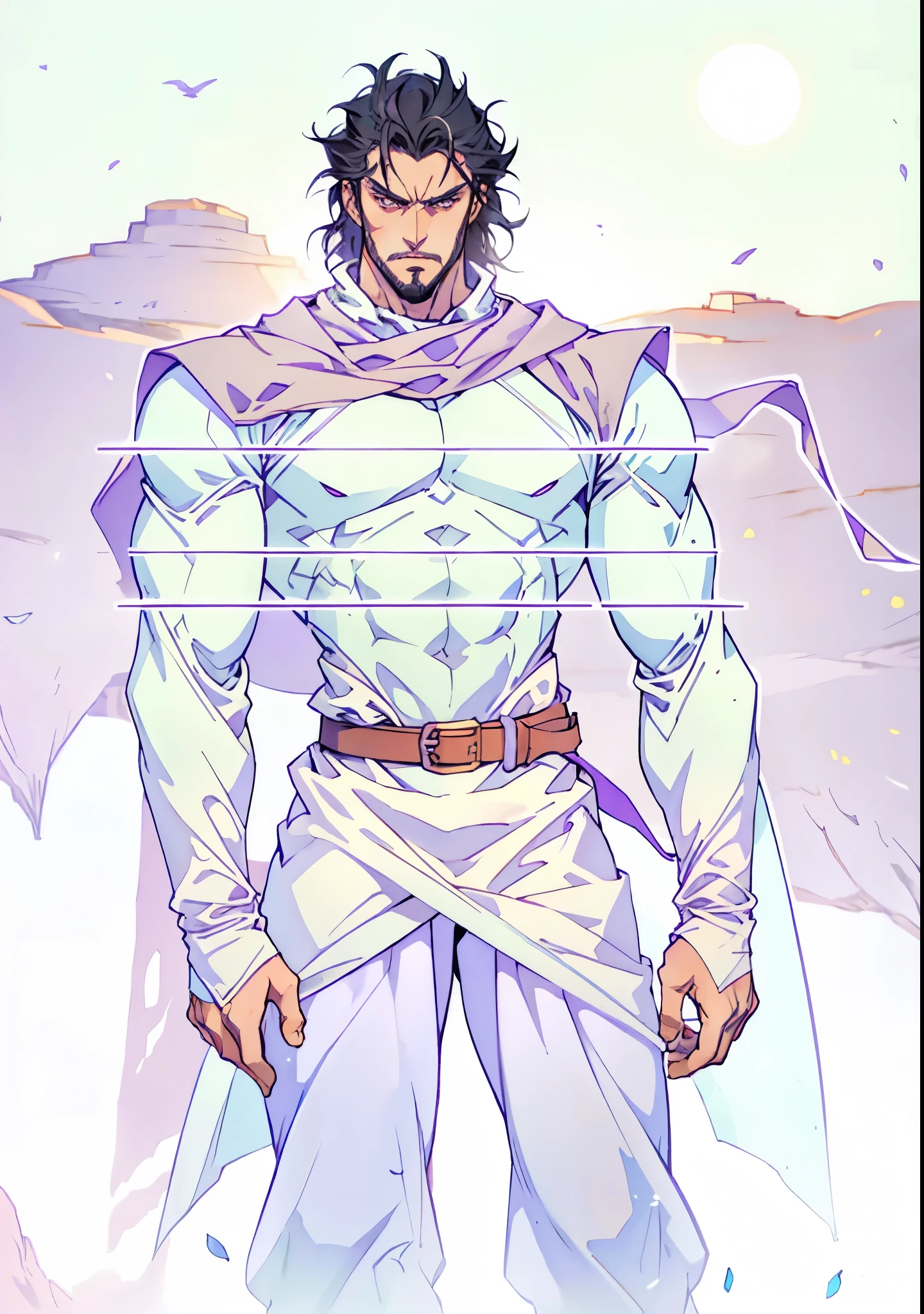 A middle-aged man with long black hair, thick eyebrows, hollow eyes, a long face, a square beard, a serious expression, a black full-body outfit with a fantasy martial arts style, ultra-long wide sleeves, crossed belts around his waist, a large dark purple cloak flutters in the wind behind him, stands on a desolate hill under the moonlight, this character embodies a finely crafted fantasy martial arts practitioner in anime style, exquisite and mature manga art style, dramatic, high definition, best quality, highres, ultra-detailed, ultra-fine painting, extremely delicate, professional, perfect body proportions, golden ratio, anatomically correct, symmetrical face, extremely detailed eyes and face, high quality eyes, creativity, RAW photo, UHD, 32k, Natural light, cinematic lighting, masterpiece-anatomy-perfect, masterpiece:1.5