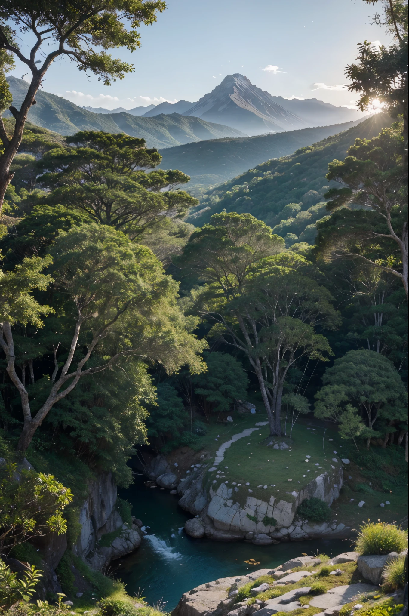 Create a stunning and richly detailed image of a stone mountain viewed from above a lush valley. The mountain should be covered with various plants, showcasing dense and vibrant vegetation. At the top of the mountain, a majestic solitary tree should stand out, with its roots visibly intertwining with the rocks, symbolizing strength and resilience. The scene should be illuminated by the soft light of dawn, with subtle shadows enhancing the texture of the stones and the foliage of the plants. The valley below should be covered in a verdant carpet, with small streams winding between the plants, adding a touch of serenity to the landscape. Additional details such as wildflowers, small shrubs, and perhaps some native animals discreetly positioned can further enrich the scene
