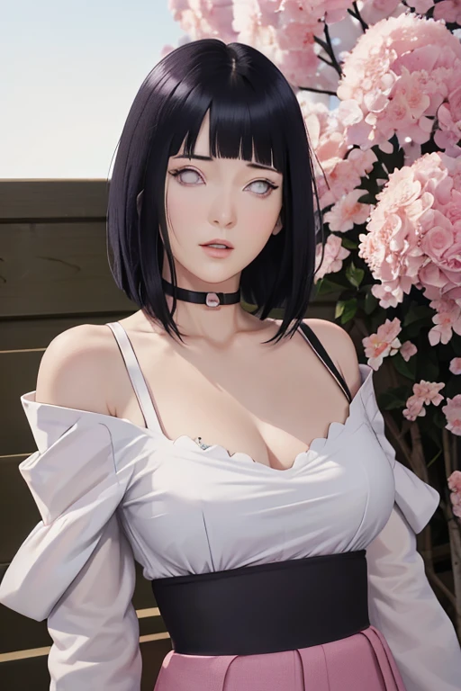 masterpiece, absurdres, hinata\(boruto\), 1girl, solo,mature female, off-shoulder strap bra, high waist short skirt, looking at viewer, (falling petals), perfect composition, detailed lips, big breast, beautiful face, body propotion, blush, (pink lips), long hair,  purple eyes,  soft gaze,  super realistic, detailed, photoshoot, realistic face and body,