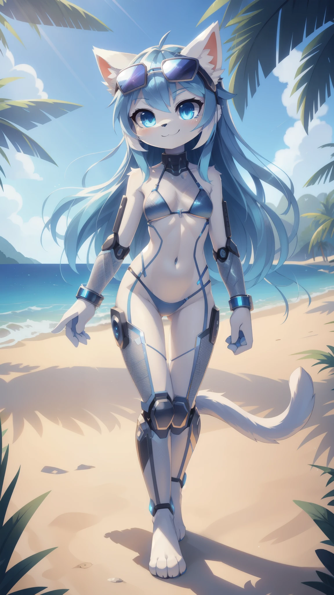 furry girl, cat, blue hair, long spiky hair, anime style, small breasts, blue eyes, ((silver bikini with metallic details, high waist with mesh panels, futuristic sunglasses, technological bracelet )), high quality, detailed body, detailed eyes, detailed face, masterpiece, glistening body, detailed body fur, best quality, white body fur, cybernetic body, perfect lighting, perfect shadows, perfect eyes, perfect hair, perfect face, gorgeous body, skinny, standing, solo, :3, smilling, standing, beach, clear sky, full body, feets with three toes, 3 toes,