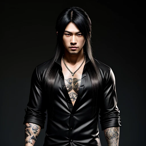 1 man, Japanese man, male, Asian eyes, muscular, broad shoulders, yakuza tattoos, hairstyle Visual Kei style, hair Visual Kei, black men's shirt and black pants, ultra detailed face, hyperrealistic, realistic representation, long hair, long hair, 30 years old, age 30 years, blond, blonde hair