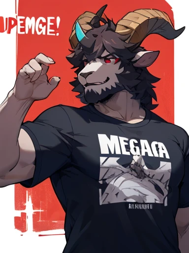 a goat-headed demon with large horns, hairy upper body, wearing a t-shirt that says ((mega demo )).