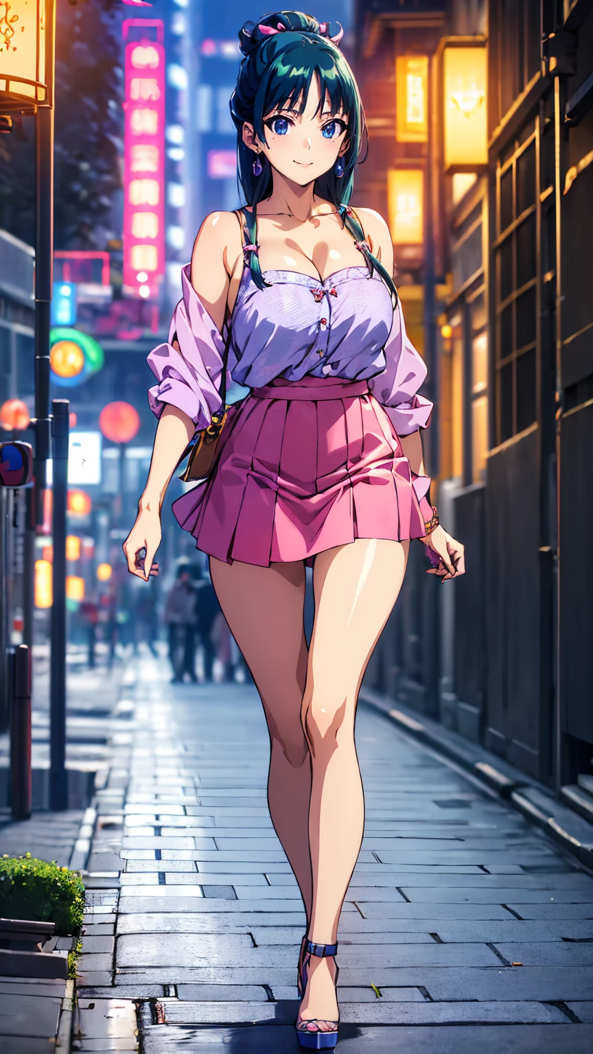 ((Best quality)), ((masterpiece)), (anime), a beautiful sexy woman walking down the street in a short skirt, a blouse and high platform heels, blue eyes, green hair, smooth skin, cleavage, ((full body)), (city setting, city enviroment), smile, shoulders exposed, anime, green eyes, maomao, Under street lights, Sunset Dusk,