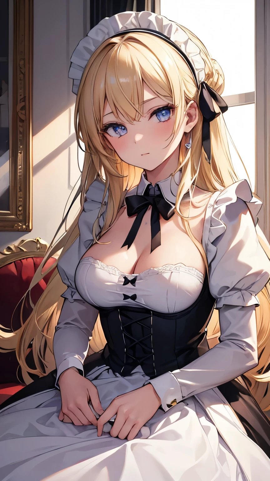 Best lighting, Absurd, masterpiece, highest quality, Highly detailed illustration, (One Girl:1.3), Absurd high detailed face, Center of chest, Long Blonde Hair, Maid clothes, Maid&#39;headdress of,  Detailed blue eyes, Twin tails, indoor, window, shy, blush, cute, Armpit sweat,Shameful face,clear,High exposure,Having my armpits licked,His arms are tied and he is hanging from a rope,A man is groping her breasts,Sitting cross-legged,whole body,Topless,Nipples are erect,In underwear,Facing forward,Being hugged from behind