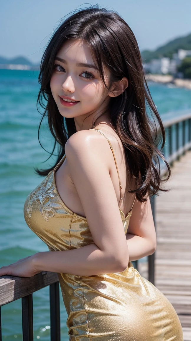 Top-quality Realistic,Official art,Highly detailed CG Unity 8k wallpaper,ultra-detailliert,hight resolution,Physically-based rendering,Magnificat,finely detail,masterpiece,Best Quality,ultra detailed,Mature beauty,Beautiful women,1girl,moist lips,sexy lips,Sexy smile,Gentle smile, 20 years old, Beautiful bare skin,Smooth bare skin, big well-shaped breasts, beautiful cleavage,beautiful Mature body,swept bangs,(medium hair:1.3), beautiful detailed eyes,model shoot style,Japanese Idol,full-body, ((along the shore of the beautiful Adriatic Sea)),BREAK,(Gold embroidered long one-piece dress:1.3),(arched back:1.3),Delicately expressed eyes,cute smile,A gentle smile like a goddess,beautiful hands and fingers,shoot from above, (Extreme close-up)