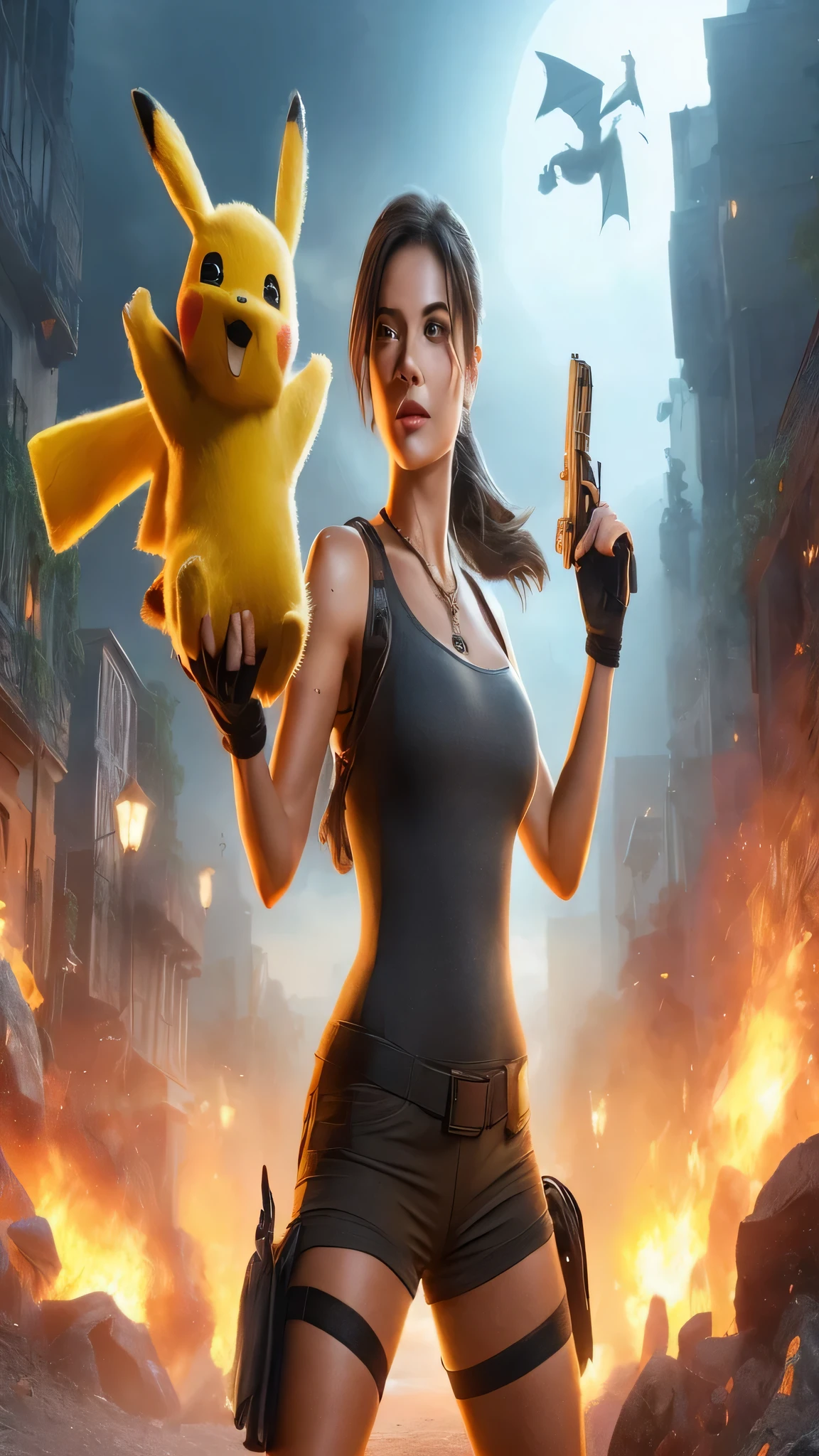 best quality, masterpiece, cinematic lighting, intricate, cinematic detailed realistic background, detailed face, full body, small breasts, realistic, ligne claire, , , 1girl jogging, cityscape, night, tied shirt, looking at viewer, model pose, open cardigan, ringed yellow eyes, streetlight, lamppost, yoga pants, split-color hair, glasses,, ,  