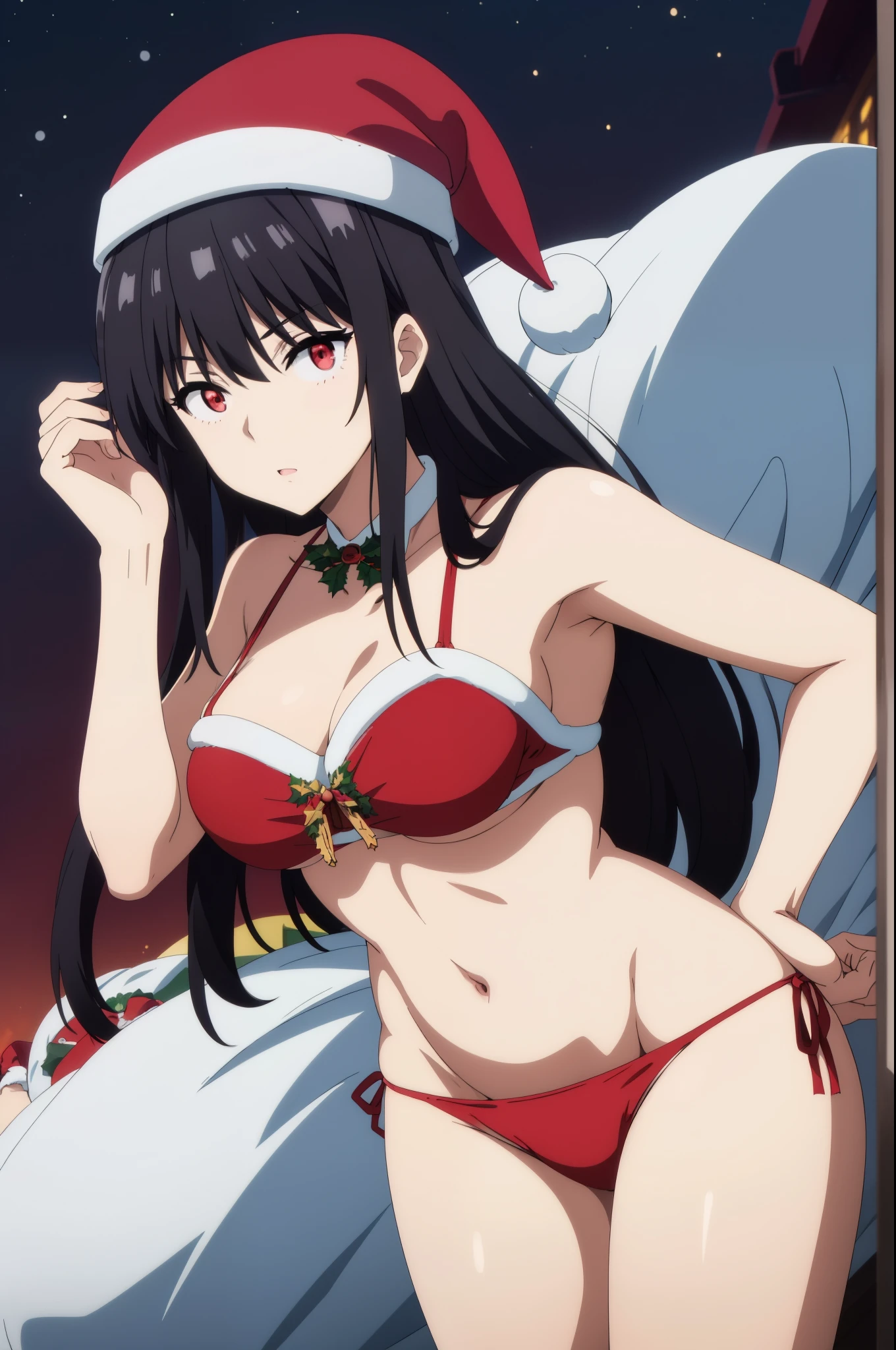 black hair,red eyes,((((santa bikini,santa hat,)))
