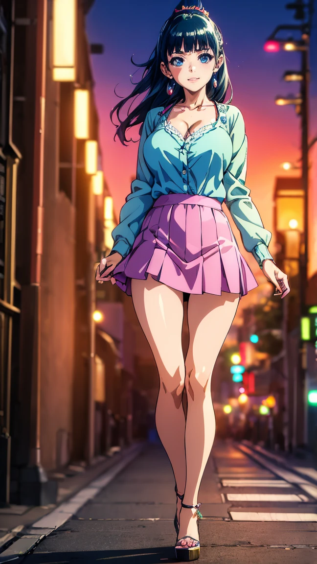 ((Best quality)), ((masterpiece)), (anime), a beautiful sexy woman walking down the street in a short skirt, a blouse and high platform heels, blue eyes, green hair, smooth skin, cleavage, ((full body)), smile, shoulders exposed, anime, green eyes, maomao, ((Under street lights)), ((Sunset Dusk)),