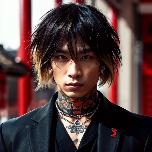 1 man, Japanese man, male, Asian eyes, muscular, broad shoulders, yakuza tattoos, hairstyle Visual Kei style, hair Visual Kei, black men's shirt and black pants, ultra detailed face, hyperrealistic, realistic representation, long hair, long hair, 30 years old, age 30 years, blond, blonde hair