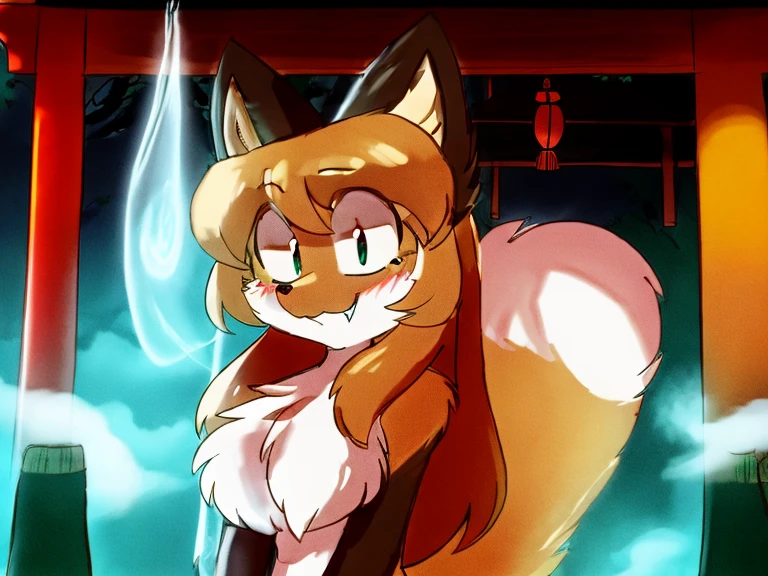 uploaded the e621, beautiful and detailed, woman (((female))) ((anthro)) Fox, (Averi, Fox girl), cinematic lighting, Fox, (anthro, fluffy fur), anthro fox girl, body fur, curvy, sexy, nice, cute, hot, comfortable anime-style cartoon-style, digital drawing, SFW, flat chest, chest fluff, blushing, green eyes, sassy, sassy hips, cute friendly smile, rainy, japanese shrine, wet fur, night, heart, hearts, speech bubble, looking at viewer, close up, hugging viewer, petting, nuzzling viewer