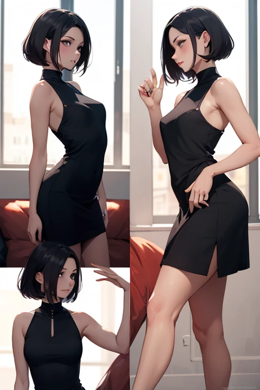 masterpiece, best quality, shadows, perfect hands, perfect fingers, perfect legs, perfect anatomy, pretty face, mature features, 1 girl, 1 boy, both 21 years old, mature woman, mature man, girl dressing a tight black dress, boy wearing casual and elegant, making eye contact between them, hanging out, profile point of view,
