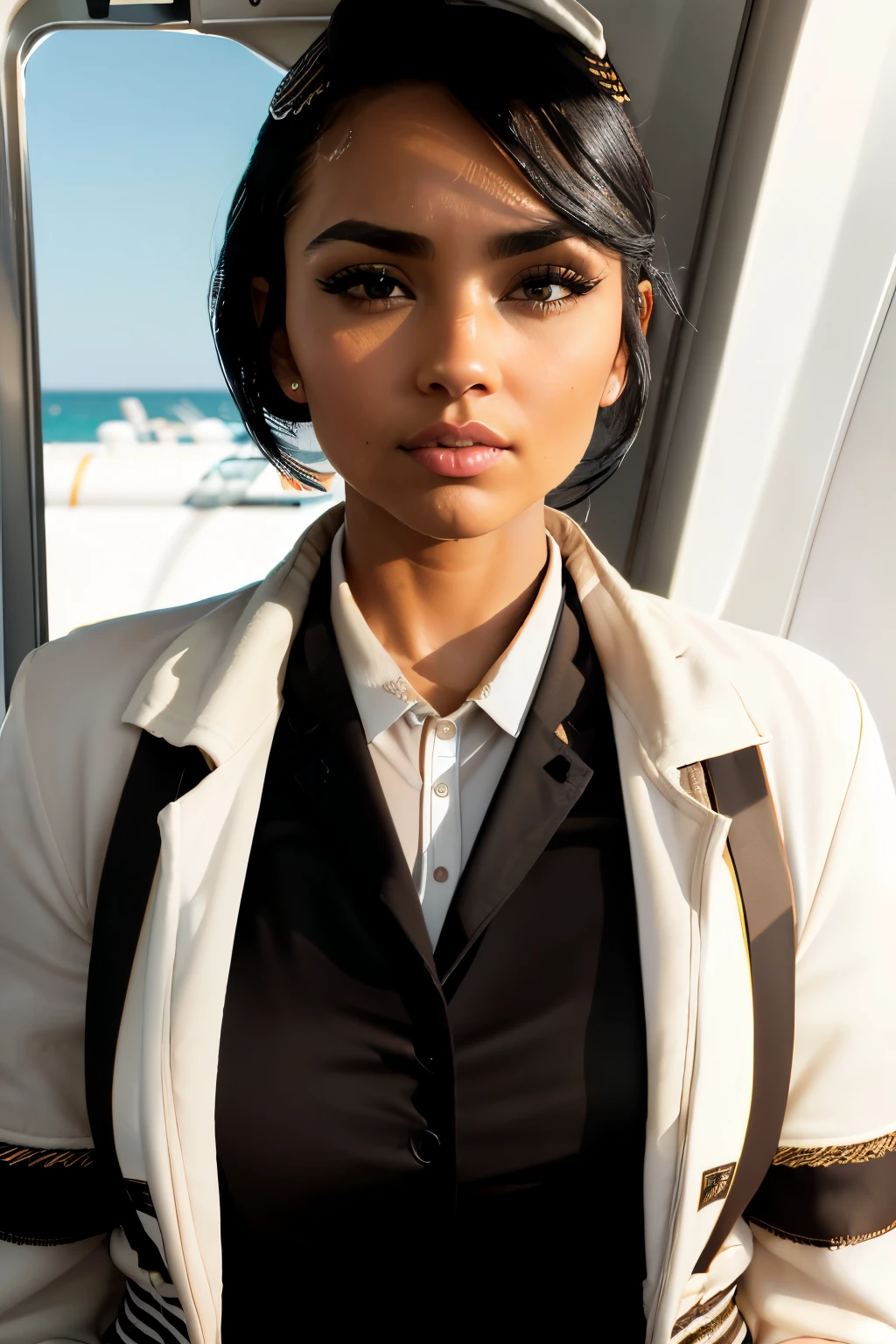 Photo of a drop dead gorgeous bitch, raw, (rimmed with white highlights, short, twisted half-up half-down black hair), ((Portrait)), ((Detailed face:1.2)), ((seductive facial features)), flawless skin, tanned, ((Portrait)), (((Stewardess jacket:1.3))), sitting in a luxurious bath, Bathroom environment, View from above, (luxurious, opulent), wet, bubbles, Reflector, ((masutepiece)) (perfectly proportions)(photos realistic)(Best Quality) (Detailed) photographed in a Canon EOS R5, 50mm Lens, F/2.8