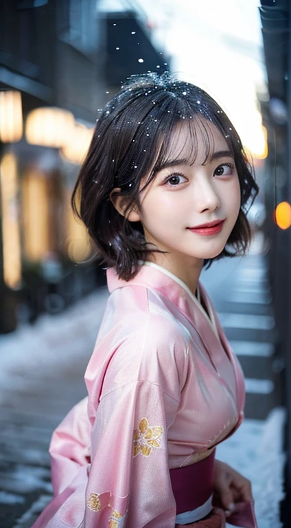 (Pink translucent Kimono)、(top-quality,masterpiece:1.3,超A high resolution,),(ultra-detailliert,Caustics),(Photorealsitic:1.4,RAW shooting,)Ultra-realistic capture,A highly detailed,high-definition16Kfor human skin、 Skin texture is natural、very large round breasts、The skin looks healthy with an even tone、 Use natural light and color,One Woman, Japanese,kawaii,A dark-haired,Short bob hair, lovely dimpled smile, head to knee, (depth of fields、chromatic abberation、、Wide range of lighting、Natural Shading、)、(Exterior light at night:1.4)、(Falling snow:1.2)、(Hair swaying in the wind:1.1)、(Light reflecting snow:1.2)、