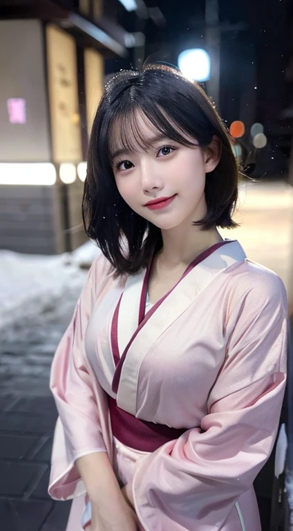 (Pink translucent Kimono)、(top-quality,masterpiece:1.3,超A high resolution,),(ultra-detailliert,Caustics),(Photorealsitic:1.4,RAW shooting,)Ultra-realistic capture,A highly detailed,high-definition16Kfor human skin、 Skin texture is natural、very large round breasts、The skin looks healthy with an even tone、 Use natural light and color,One Woman, Japanese,kawaii,A dark-haired,Short bob hair, lovely dimpled smile, head to knee, (depth of fields、chromatic abberation、、Wide range of lighting、Natural Shading、)、(Exterior light at night:1.4)、(Falling snow:1.2)、(Hair swaying in the wind:1.1)、(Light reflecting snow:1.2)、
