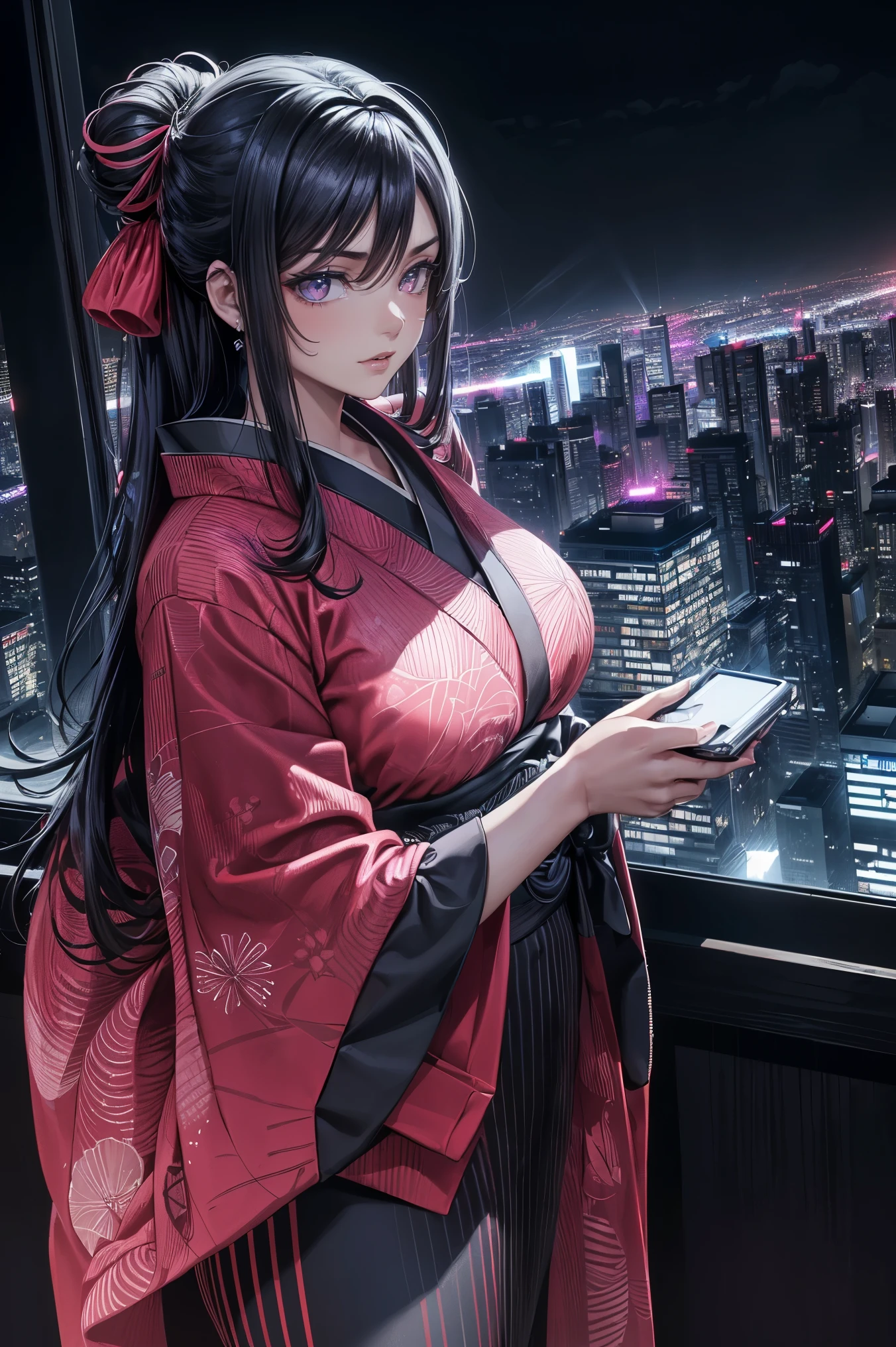 anime, (obra de arte, melhor qualidade, ultra-detalhado, alto contraste), 1 mulher (Sozinho, corpo todo, corpo plus size, standing on the edge of the skyscraper, cabelo prateado, CABELO LONGO E FLUXO, olhos vermelhos brilhantes de rubi, (Kimono preto, black cybernetics with neon pink), meias pretas transparentes), (skyscraper roof, com vista para uma cidade, fundo detalhado ((Night time, darkness, low light pollution)))