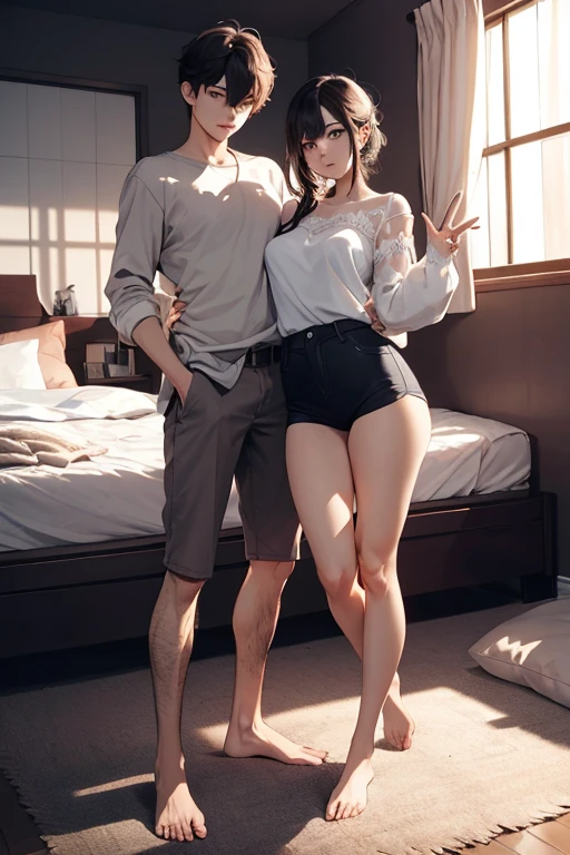 masterpiece, best quality, shadows, perfect hands, perfect fingers, perfect legs, perfect anatomy, pretty face, mature features, a couple standing in the bed while cuddle, room background, 1 man and 1 girl, spicy, 