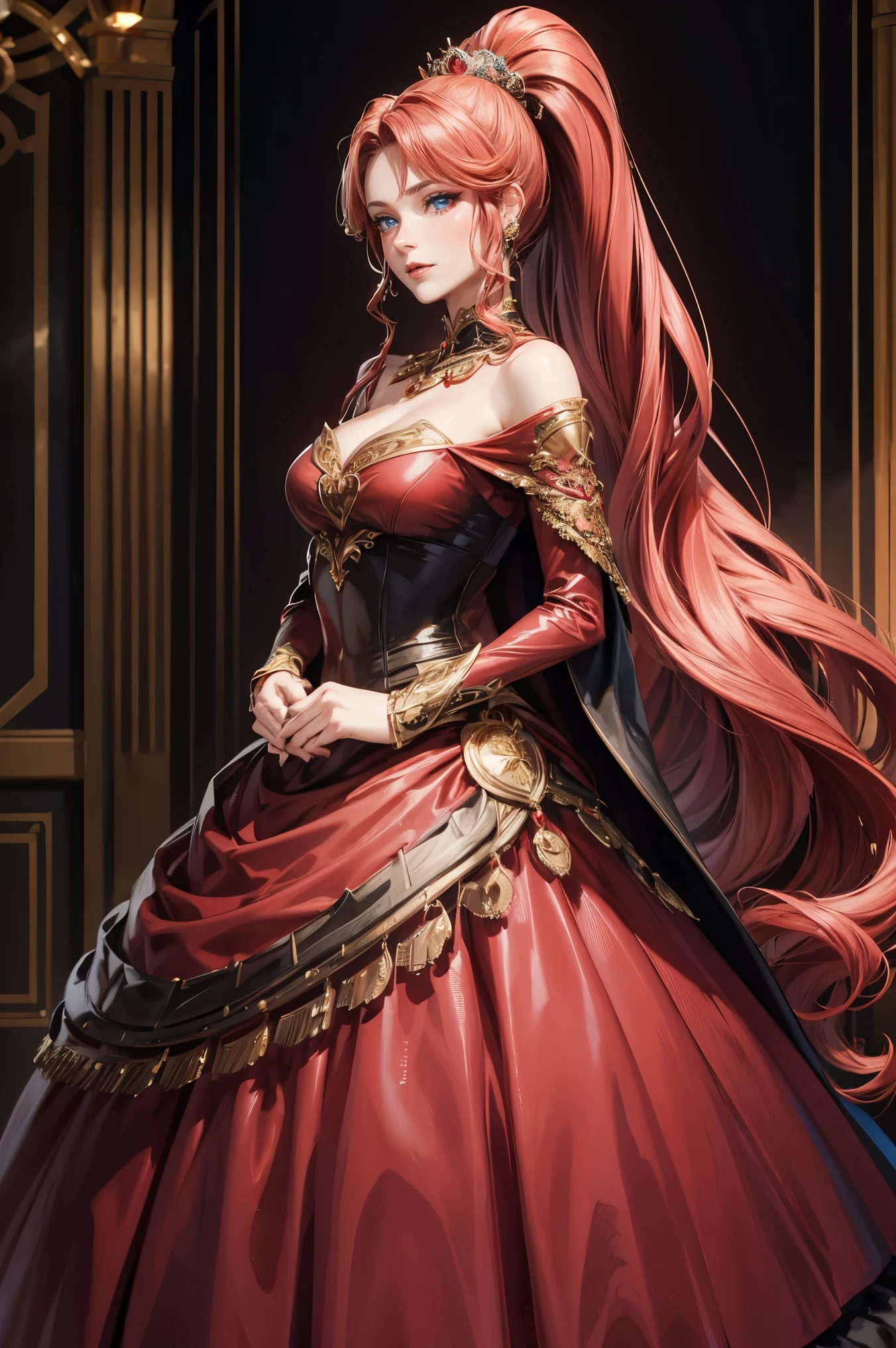 a princess in a ball gown dress red gold and black, shoulders covered, torso covered, that goes from neck to toe, with full skirt, a long fur cape, curly hair in a high ponytail, red lips, blue eyes, detailed eyes and lips
