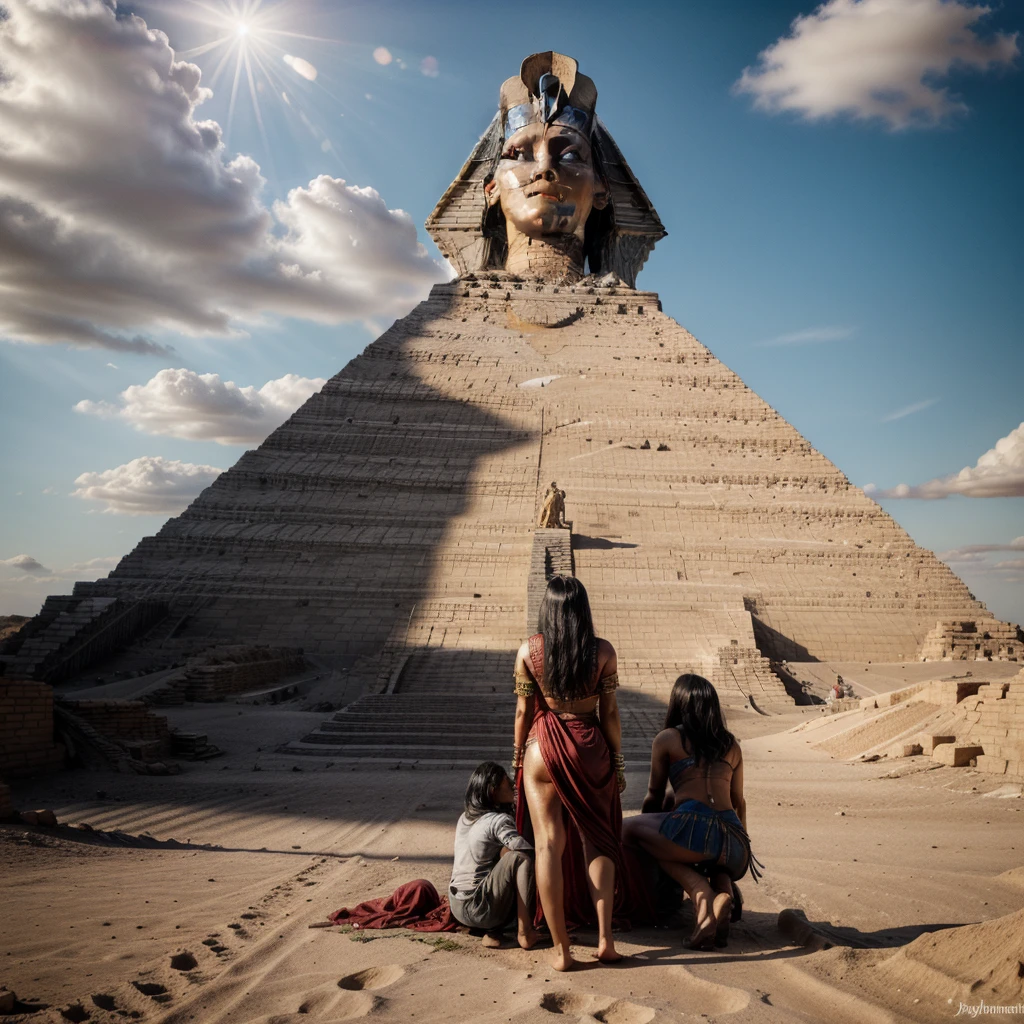 cleopatra stand by pyramid with shrunken people from behind turned into a giant taller than pyramids