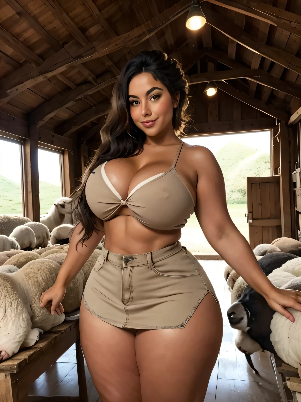 thick fit tanned busty curvy brunette, thick muscular shapely legs, in beige denim short skirt, hair tied up, in a barn, working with sheep