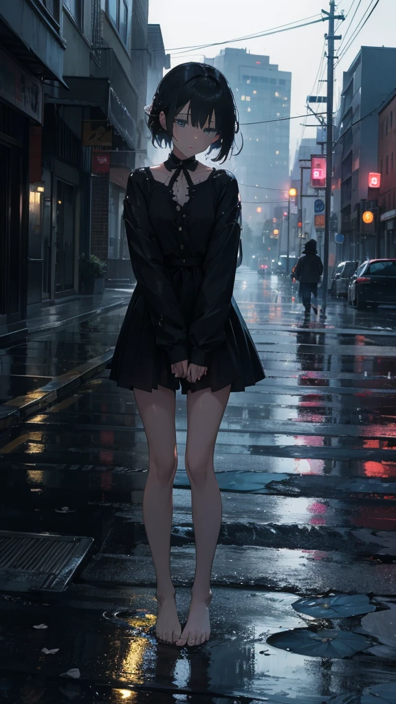 1 anime girl, alone,,Black petals flutter, A mysteriously shining butterfly.city,thin legs,Gloomy cloudy sky,sad expression,very clear,highest quality,rainy city,standing on the street corner,Are crying,tears,close up of face,Sit in the water,barefoot,Falling on the road,I don&#39;t have an umbrella.