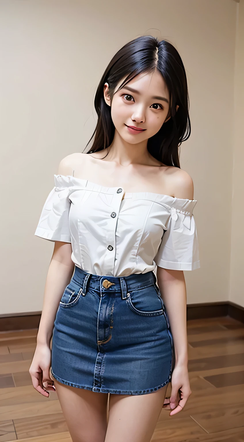 Very detailed CG Unity 8k wallpaper、highest quality、Very detailed、masterpiece、reality、Realistic、Very detailedなかわいい女の子、18-year-old、(High school girl in Japanese uniform)、((Various poses:1.4))、((White short sleeve buttoned cotton shirt:1.5))、((A woman wearing a white short-sleeved off-the-shoulder shirt:1.4))、((Shooting from the front:1.4))、((Stand in an empty room:1.4))、((Standing with a smile:1.4))、blush、Cleft lip、Looking at the audience、((Cowboy Shot:1.4))、((Navy Blue Denim Mini Skirt:1.5))、((straight medium long hair:1.7))、(Beautiful Face:1.3)、(Perfect balance:1.2)、(Long legs:1.2)、(Small breasts:1.3)、((Upper Body))、((Model pose:1.4))、Angle from below、reality、