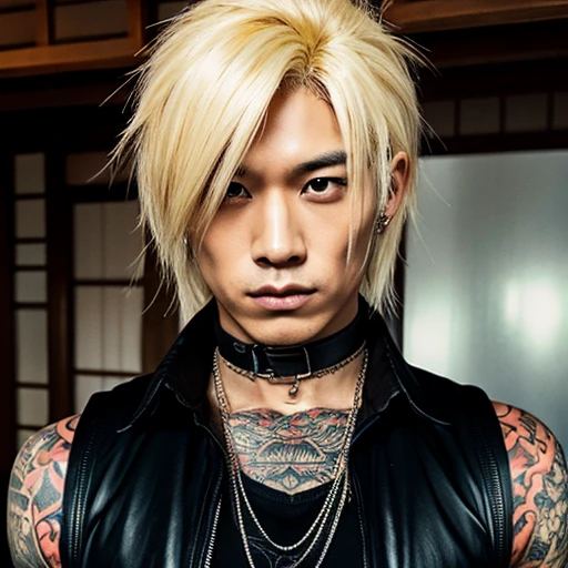 1 man, Japanese man, male, Asian eyes, muscular, broad shoulders, yakuza tattoos, hairstyle Visual Kei style, hair Visual Kei, black men's shirt and black pants, ultra detailed face, hyperrealistic, realistic representation, long hair, long hair, 30 years old, age 30 years, blond, blonde hair