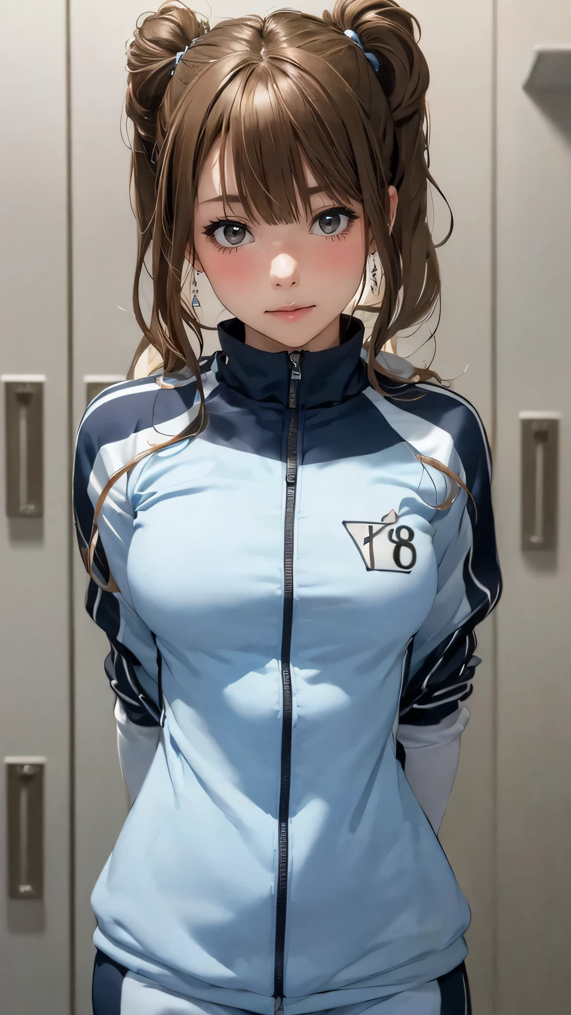 locker room,track suit,(Thin type:1.5),(large breasts),(random hairstyle),(Highest image quality,(8K), Ultra-realistic, Best Quality, High quality, High Definition, high quality texture, high detailing, Beautiful detailed, fine detailed, extremely details CG, Detailed texture, realistic representation of face, masterpiece, presence)