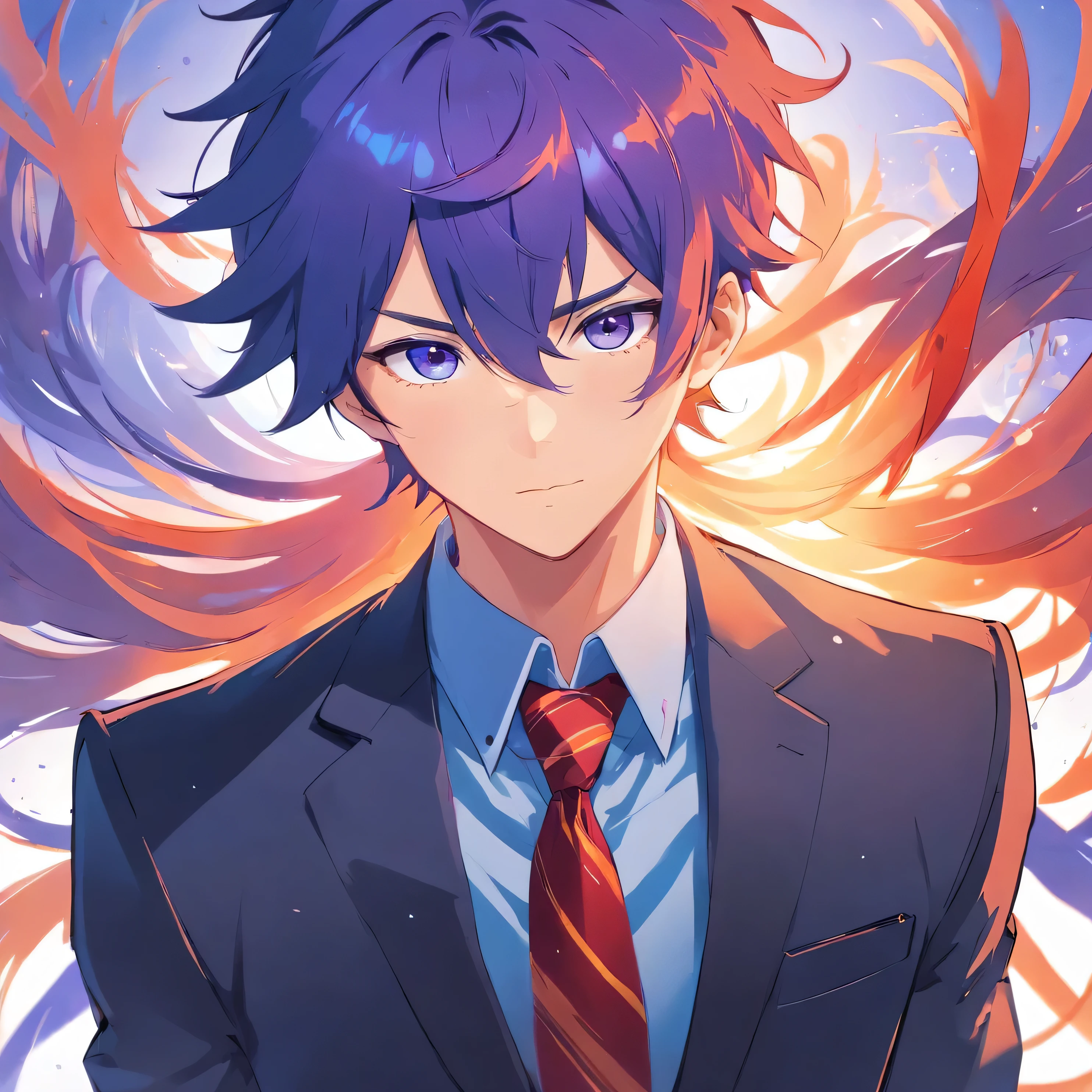 Man,long orange messy hair, heterocromia eyes blue and purple,horns blues,black suit and red tie