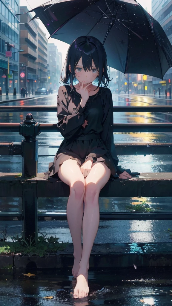 1 anime girl, alone,,Black petals flutter, A mysteriously shining butterfly.city,thin legs,Gloomy cloudy sky,sad expression,very clear,highest quality,city,standing on the street corner,Are crying,tears,close up of face,Sit in the water,barefoot,Falling on the road,