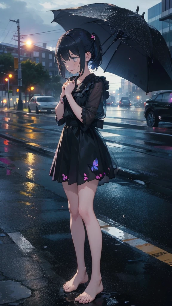 1 anime girl, alone,,Black petals flutter, A mysteriously shining butterfly.city,thin legs,Gloomy cloudy sky,sad expression,very clear,highest quality,city,standing on the street corner,Are crying,tears,close up of face,Sit in the water,barefoot,Falling on the road,
