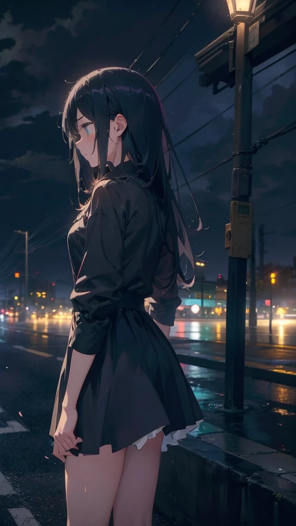 1 anime girl, alone,,Black petals flutter, A mysteriously shining butterfly.city,thin legs,Gloomy cloudy sky,sad expression,very clear,highest quality,city,standing on the street corner,Are crying,tears,close up of face,Sit in the water,barefoot,Falling on the road,