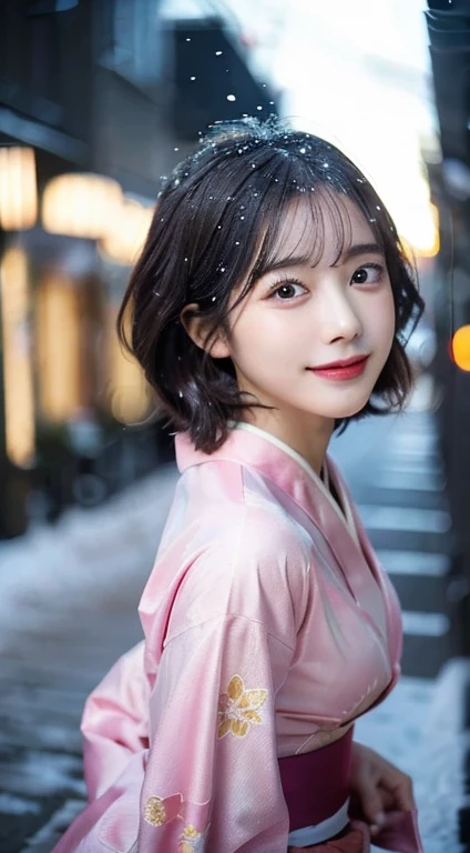 (Pink translucent Kimono)、(top-quality,masterpiece:1.3,超A high resolution,),(ultra-detailliert,Caustics),(Photorealsitic:1.4,RAW shooting,)Ultra-realistic capture,A highly detailed,high-definition16Kfor human skin、 Skin texture is natural、very large round breasts、The skin looks healthy with an even tone、 Use natural light and color,One Woman, Japanese,kawaii,A dark-haired,Short ponytail hair, calming dimpled smile, head to knee, (depth of fields、chromatic abberation、、Wide range of lighting、Natural Shading、)、(Exterior light at night:1.4)、(Falling snow:1.2)、(Hair swaying in the wind:1.1)、(Light reflecting snow:1.2)、