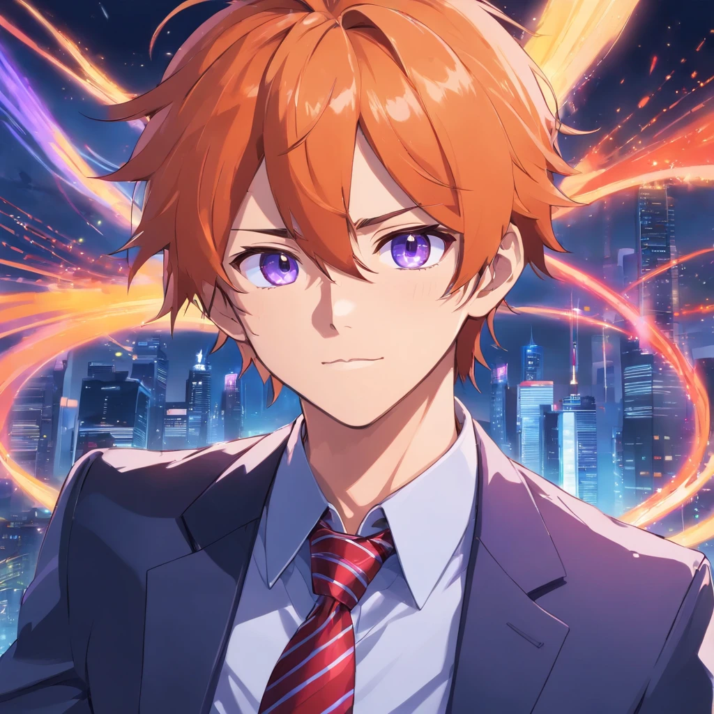 Man,long orange messy hair, heterocromia eyes blue and purple,horns blues,black suit and red tie