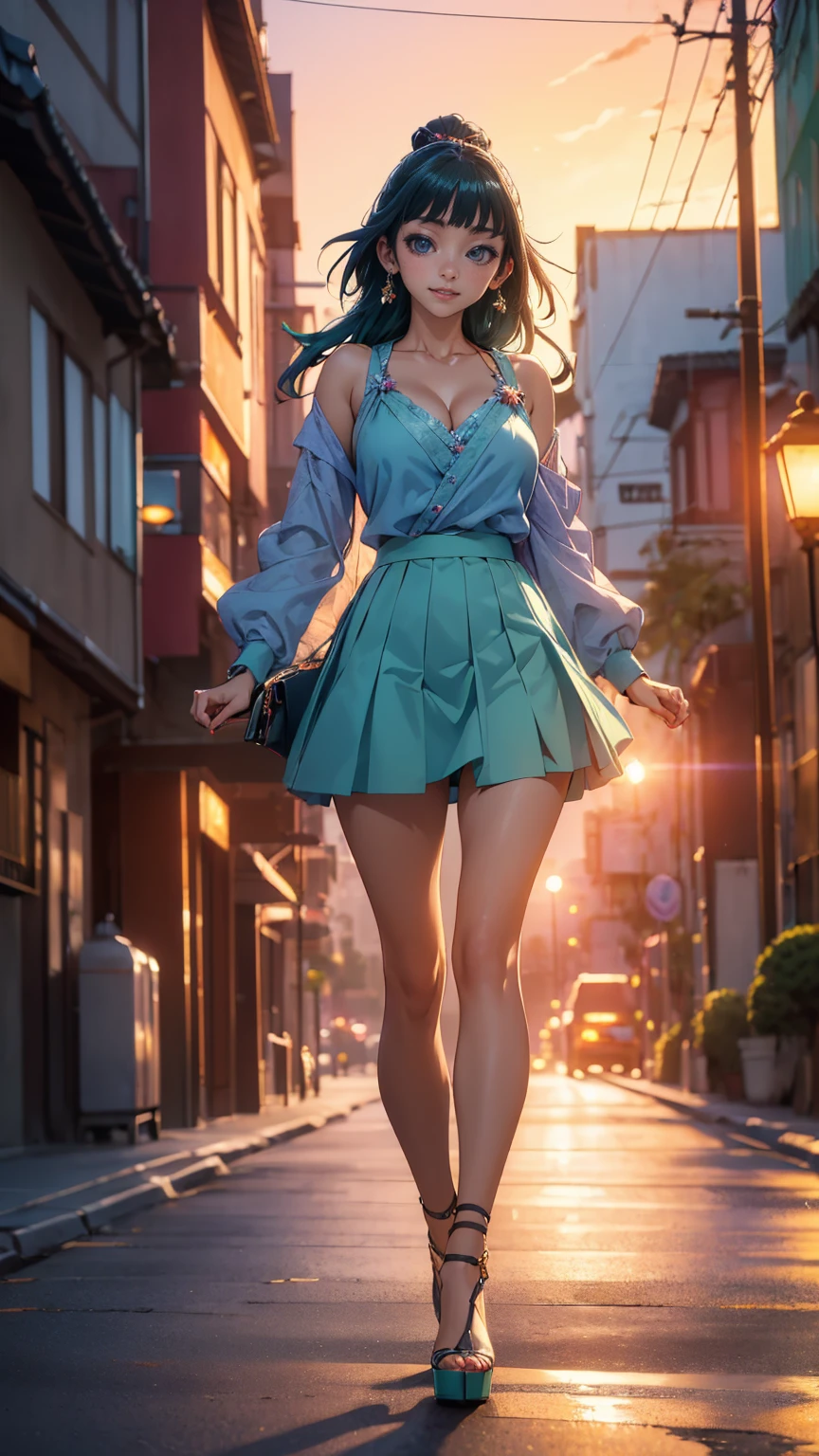 ((Best quality)), ((masterpiece)), (anime), a beautiful sexy woman walking down the street in a short skirt, a blouse and high platform heels, blue eyes, green hair, smooth skin, cleavage, ((full body)), smile, shoulders exposed, anime, green eyes, maomao, Under street lights, ((Sunset Dusk)),