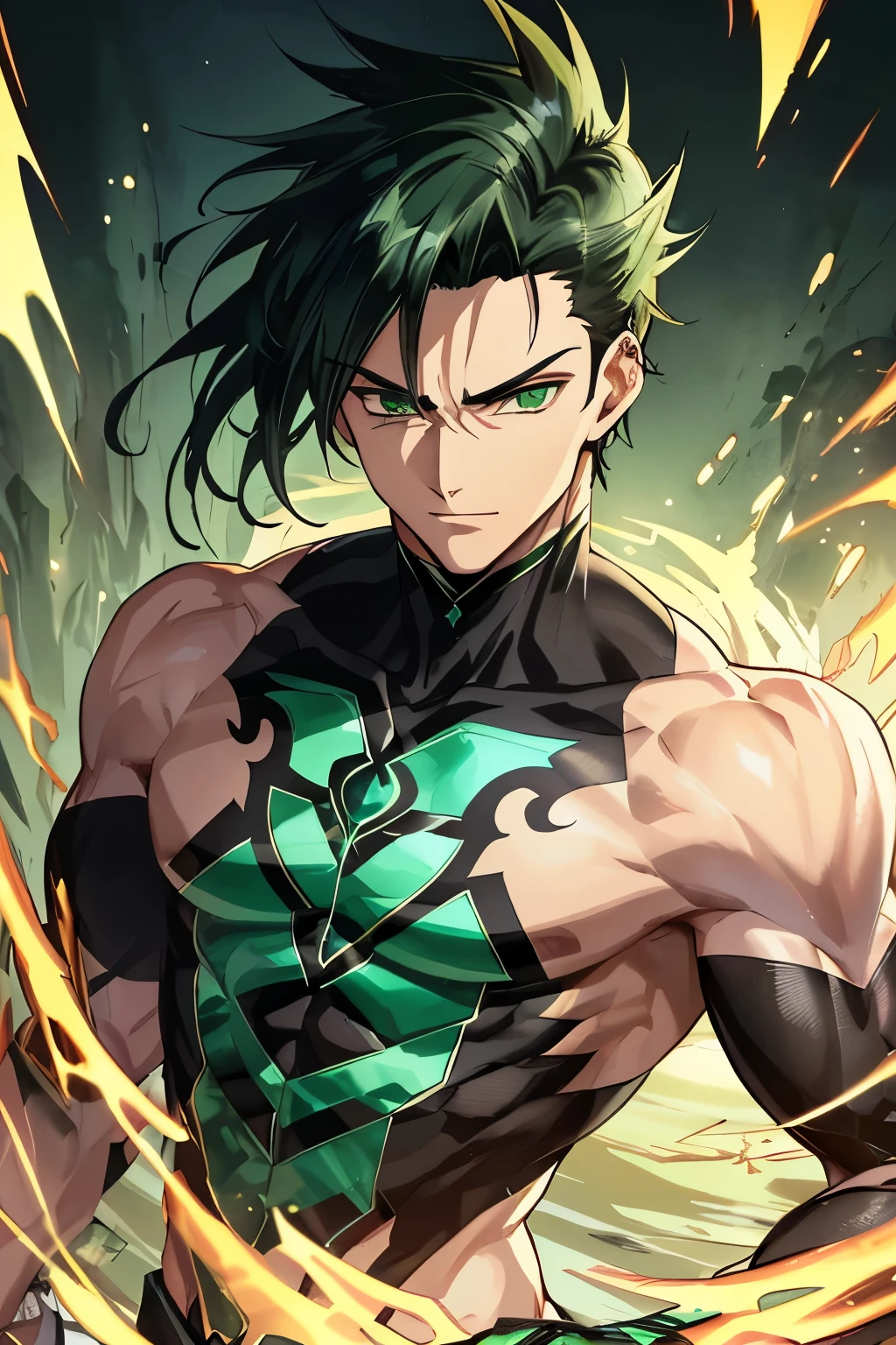 Generate an upper body portrait of an anime-style character that combines the features of a man and a lizard. The character has green lizard-like scales scattered across his skin, face, and body parts. Despite the lizard's characteristics, make sure its humanoid aspects remain prominent. Character design should reflect a lizrd's distinguishing characteristics, but maintain a balance with its human side. Add a large amount of green lizard scales. He wears a black T-shirt.