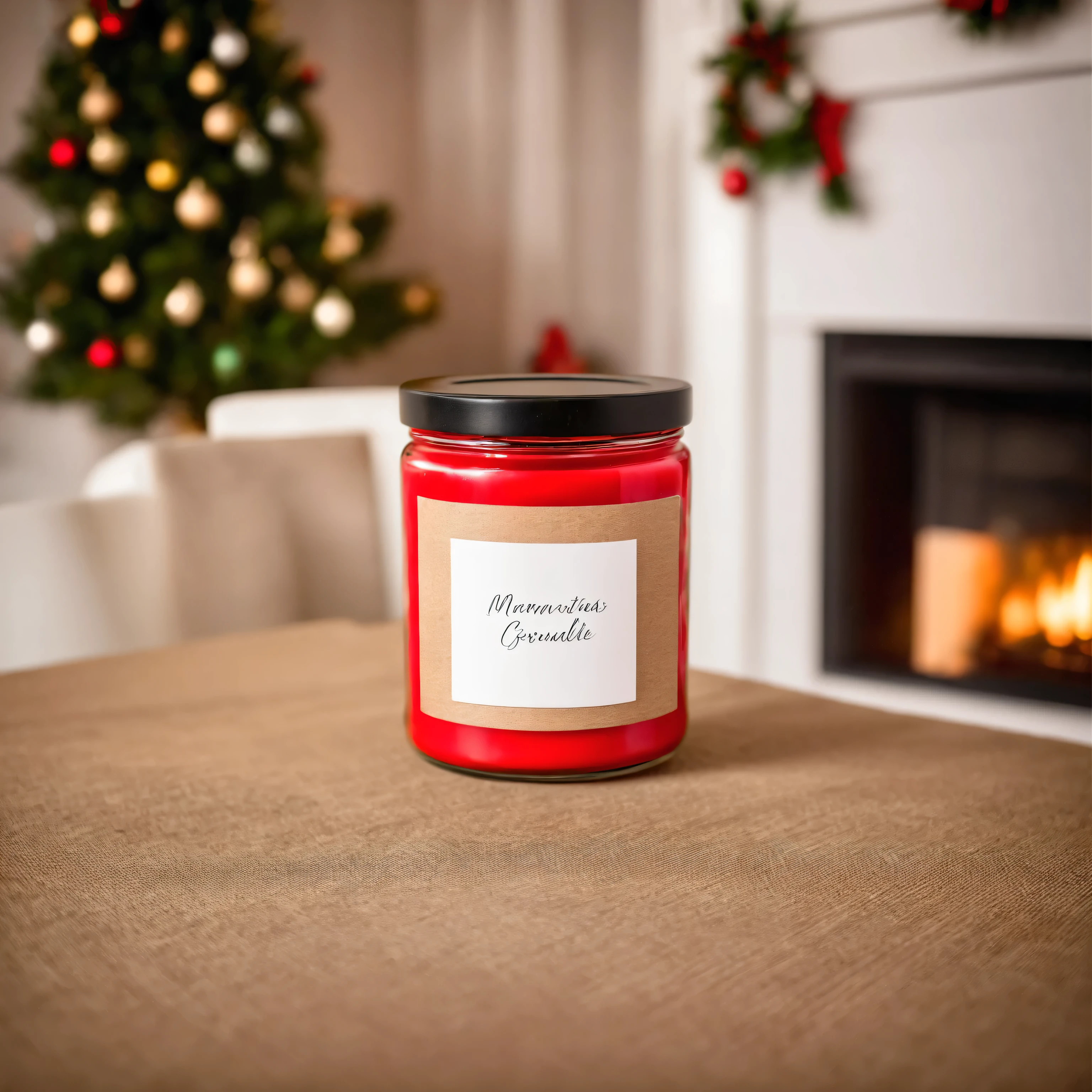 Mockup empty, a blank beige candle in a jar with white label and black lid standing on a christmas table, with christmas decorated living room in defocused background, professional photo, sony a7 camera, 50mm lens, shallow depth of field, aesthetic lighting, christmas presents, fireplace, christmas lights, red and green colors in the background