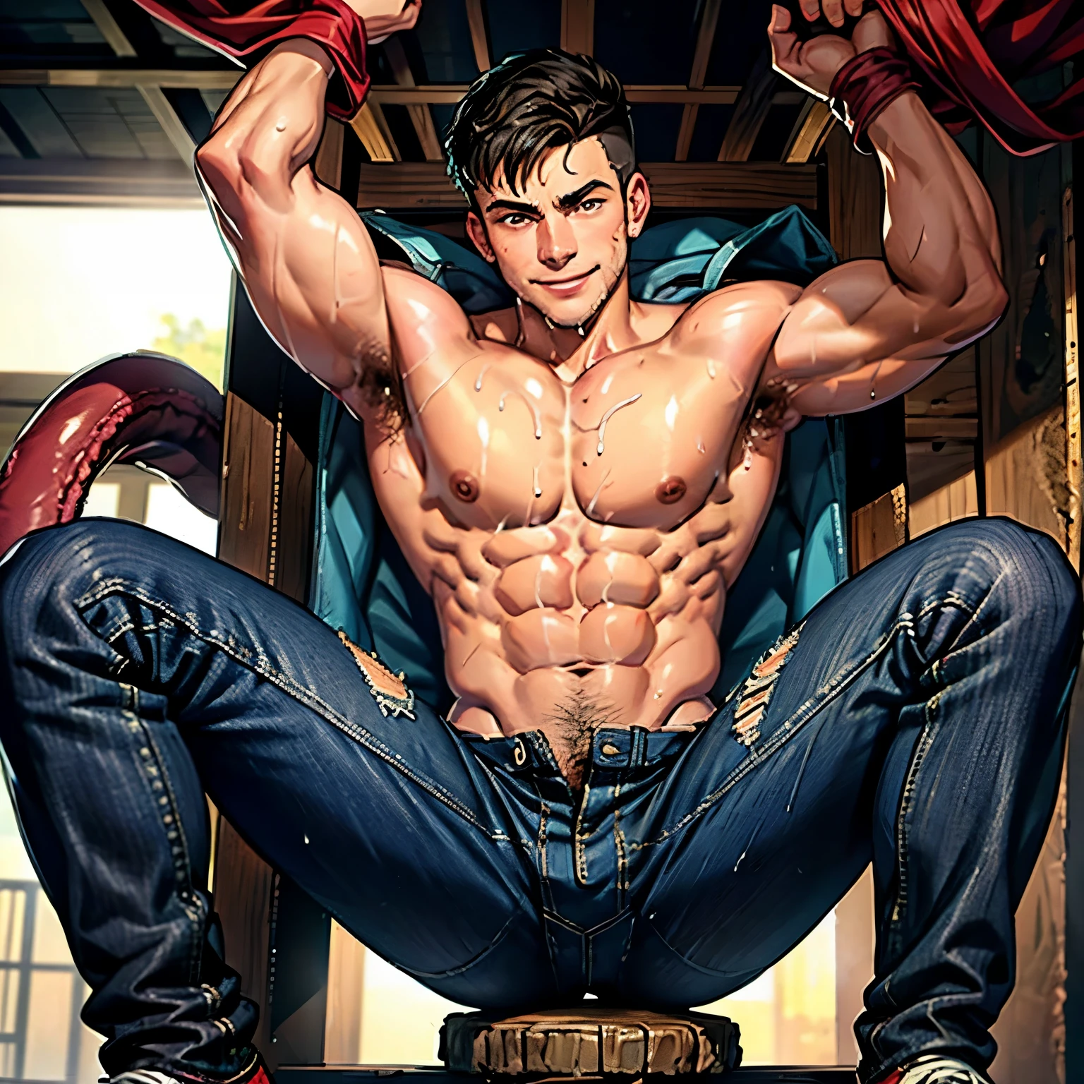 shirtless, Super muscular, drenched in sweat, 19 year old guy with short black hair, handsome Caucasian man, ripped unbuttoned jeans, sneakers, smiling, wet tentacles wrap around the body