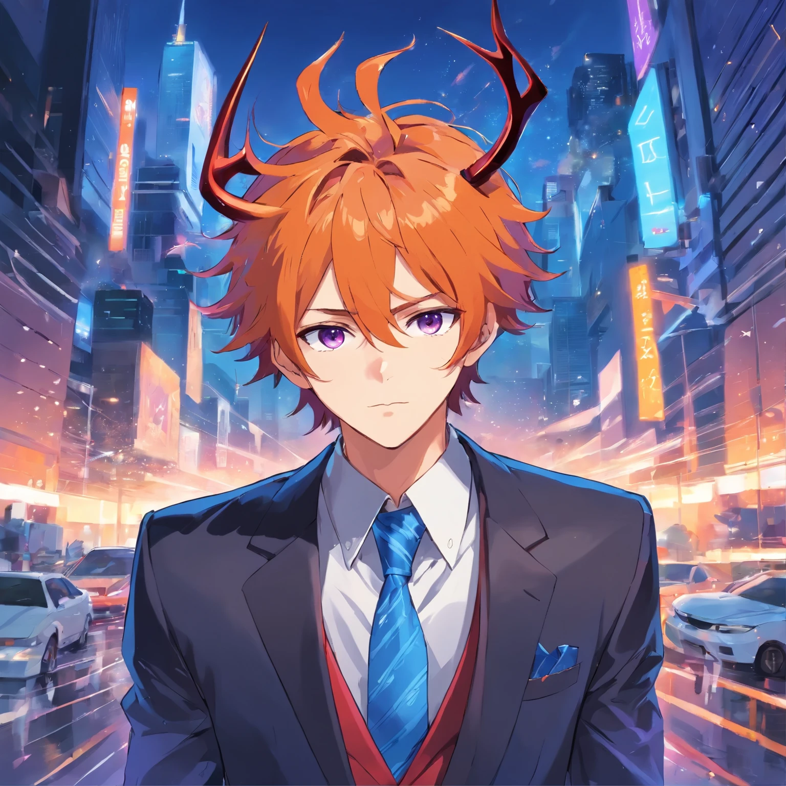 Man,Long Orange Messy Hair, Heterocromia Eyes Blue and Purple,Horns blues,black suit and red tie